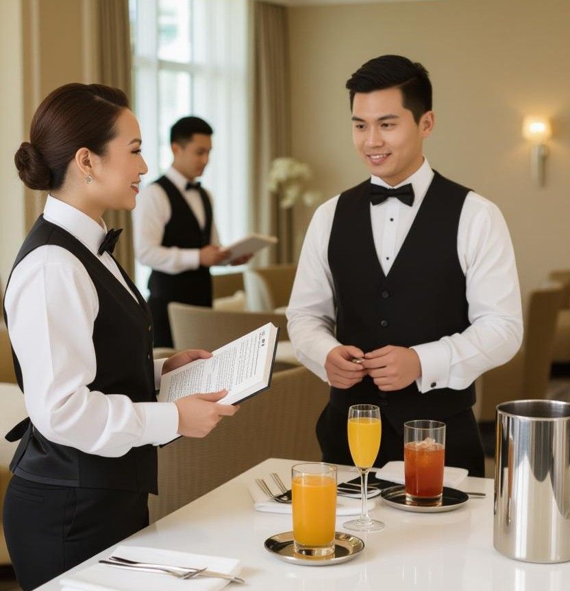 hospitality student observing staff in a luxury club setting