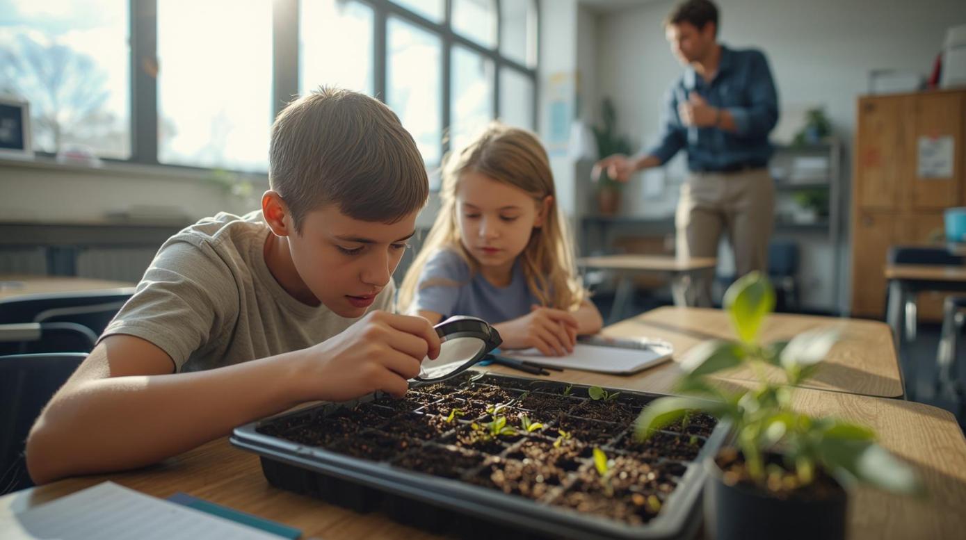 Student examining insects in classroom garden while technician explains real world ecology.