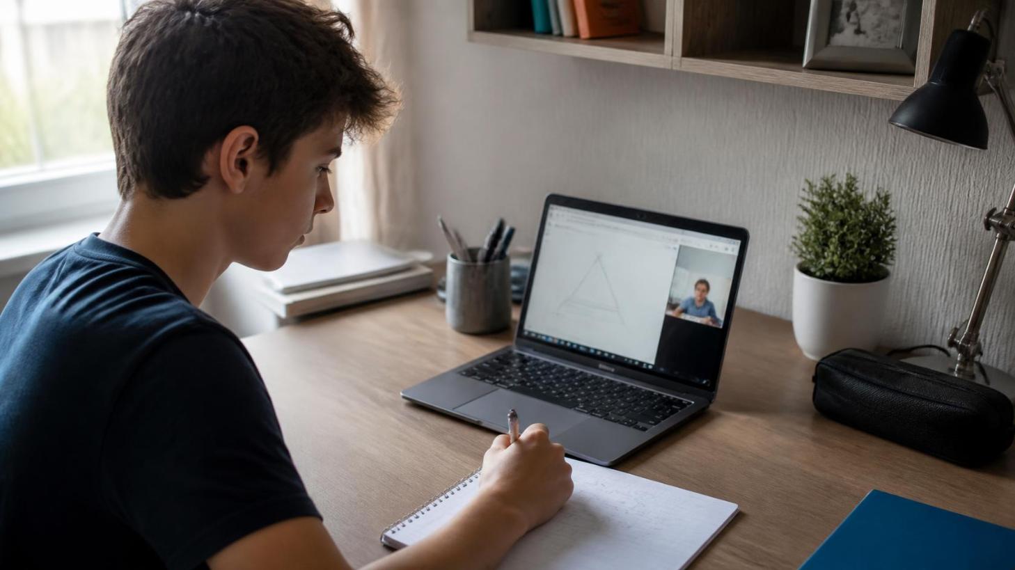 Student confidently studies online with focused support in a bright home learning environment.